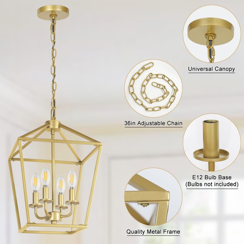 4 Light Gold Chandelier, Industrial Ceiling Light Lantern Light Fixtures
