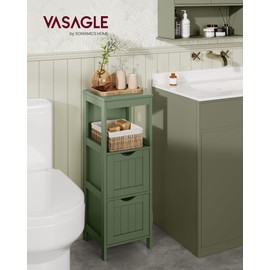 VASAGLE Bathroom Floor Cabinet, Bathroom Storage Organizer Rack Stand, Multifunctional Corner Unit, 2 Drawers, 35 Inches in Height, Forest Green UBBC042C01