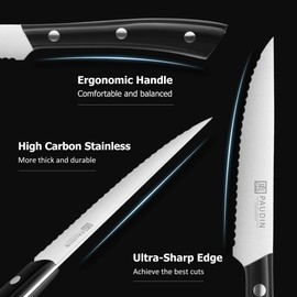 PAUDIN Steak Knives, Steak Knives Set of 8, Razor-Sharp Steak Knife Set 4.5 inch, High Carbon Stainless Steel Serrated Steak Knives Set for Kitchen, Full Tang ABS Handle