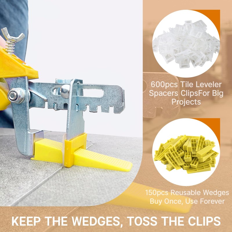 1/8”Tile Leveling System Kit, 600pcs Tile Leveler Spacers Clips+150pcs Reusable