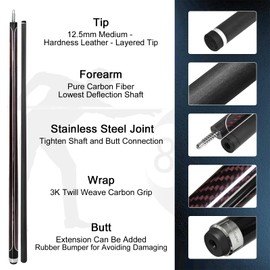 MoyanSuper Carbon Fiber Pool Cue Stick Low Deflection Shaft Professional Billiard Cue Stick with Hard Case and Accessories,12.5mm Tip, 58",21OZ