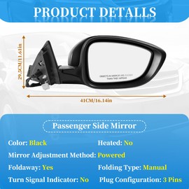 Black Right Passenger Side Mirror Replacement For Honda Accord LX Sport 2018-2022 -Power|Non-Heated Manual|No-Turn signal - Right Side Mirror#HO1321328 76208-TVA-A02(3pin)