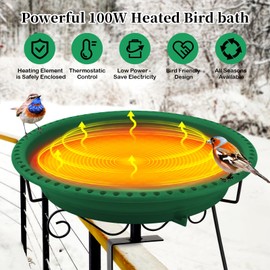 Lovppy Heated Bird Bath for Deck Railing, 100W Thermostatically Controlled Heated Bird Baths for Outdoors Bird Bath Heater, Heated Birdbath for Outside Winter Garden Patio Yard(Green)