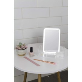 EXCELL iReflect LED Storage Box Lighted Organizer, Touch Brightness Sensor, Travel Makeup Mirror, 5.47” X 8.07” X 1.77”, White