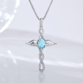 Angel Wing Cross Necklace Birthstone Infinity Cross Necklace 925 Sterling Silver Cross Necklace for Women March Birthstone Cubic Zirconia Cross Pendant Sea Blue Cross Jewelry ZDaoBen
