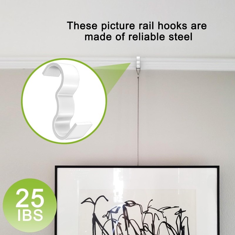 25 Pack Molding Hooks,Steel Picture Rail Hangers Hooks,Wide Picture Rail