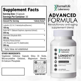 Eternal Life Laboratory Quercitin, Rhodiola Rosea, Luteolin and Rutin Longevity Blend #4 Anti-Aging Supplement for Cellular Defense with Immunity and Energy Support, Antioxidants