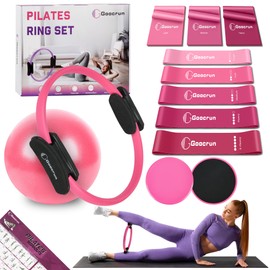 Goocrun Pilates Ring Set Exercise Equipment with Exercise Bands Resistance Bands Set, Pilates Ball, Sliding Disks – Workout Equipment Home Gym Includes Complete Fitness Poster (Pink)