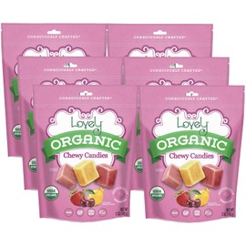 ORGANIC Chewy Candies (6-pack) - Lovely Co. 5oz Bag - Strawberry, Lemon & Cherry Flavors | NO HFCS, GLUTEN or Fake Ingredients, 100% VEGAN & Kosher!