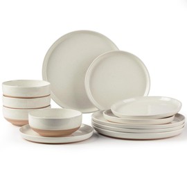 AmorArc Ceramic Dinnerware Sets for 4, 12 Pieces Handpainted Plates and Bowls Set with Rustic Terracotta Underside, Scratch Resistant Stoneware Dishes Set, Dishwasher & Microwave Safe, Light Beige