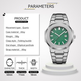 BARAMON Wrist Watches for Men, Nautilus Stainless Steel Quartz Movement Date Luxury Style Men's Luminous Hands Casual Business Watches