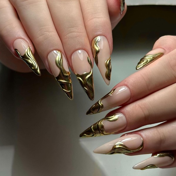 LunarCharm 24 Stück Goldene French Tip Press on Nails Stiletto