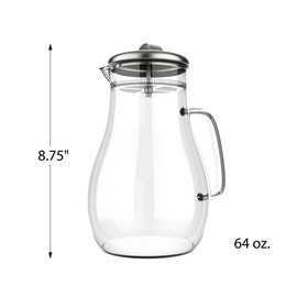 Glass Pitcher-64oz. Carafe with Stainless Steel Filter Lid- Heat Resistant to 300F-For Water, Coffee, Tea, Punch, Lemonade and More by Classic Cuisine