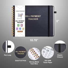 HAUTOCO Hardcover Bill Tracker Notebook Horizontal Monthly Bill Payment Organizer for Personal Budgeting Home Finance with 2 Storage Pocket Expense Checklist Tracking Planner 10.78 x 8'', Black