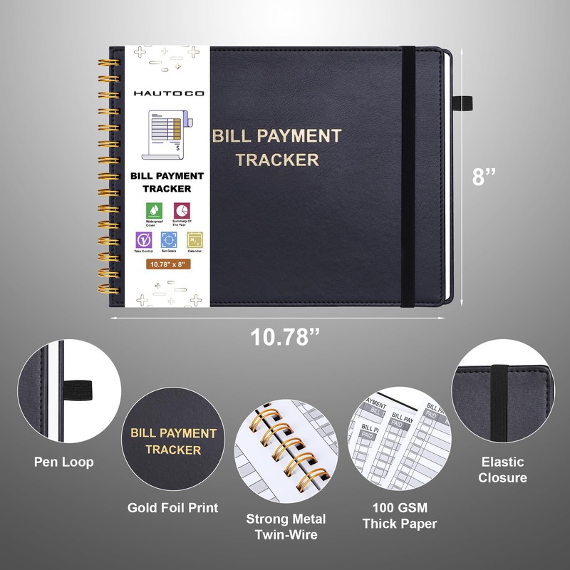 HAUTOCO Hardcover Bill Tracker Notebook Horizontal Monthly Bill Payment Organizer