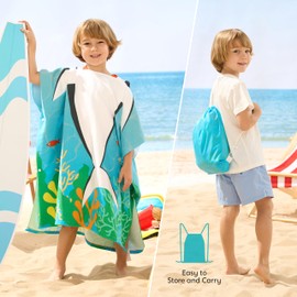 Joiedomi Kids Beach Towels with Hood for 3-10 Years Boys Girls Shark Hooded Toddler Bath Towel Poncho Absorbent Quick Dry Soft Microfiber Swim Robe with Backpack Lightweight 30"x30" for Beach Pool