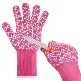 HandLove BBQ Gloves, Oven Gloves with Fingers – Heat Resistant Gloves for Grilling | Silicone Grip, Long Cuff Mitts - Kitchen & Outdoor Barbecue, Cooking, Baking, Pink S