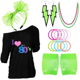 Z-Shop 80s Outfits Costume Accessories for Women - I Love 80's Print Off Shoulder T-Shirt,Lace Headband Necklace Bracelet Gloves for 80s Costumes,Green,S