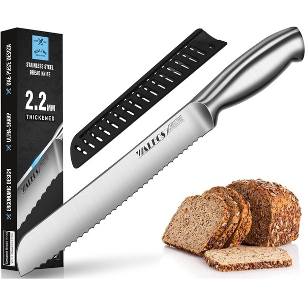 Walfos Bread Knife, Stainless Steel Bread Knife with Serrated Edge, Ultra Sharp, One Piece Design, Ergonomic Handle and 8 Inch Blade, Ideal for Cutting Bread, Bagels, Cakes