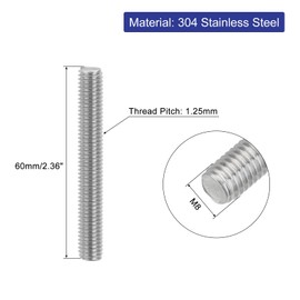 uxcell 4Pcs Fully Threaded Rod, M8 x 60mm 304 Stainless Steel Right Hand Thread Bar Studs M8-1.25 Thread Pitch for Furniture Machinery Assembly