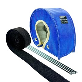 Thermal Zero USA MADE Blue T4 Turbo Blanket Heat Insulation Cover Combo Kit includes Black High Temperature Exhaust Down Pipe Wrap Roll (2" wide x 25' long) & Stainless Steel Zip Ties - TZ32258-UBKIT