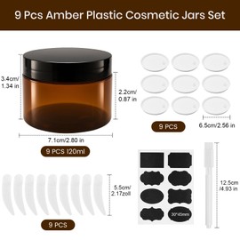 Ysimple 9Pcs Amber Plastic Cosmetic Jars, 120ml Sample Containers Pots Bottles with Black Screw Lid & liner, Empty Cosmetic Containers with Spatulas & Sticker (9Pcs-120ml)