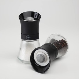 T&G CrushGrind Tip Top Salt Mill with Glass Base, 12.5 cm, Black / Gourmet Fully Adjustable Ceramic Manual Grinder / Shaker / Coarse & Fine / Easy Fill