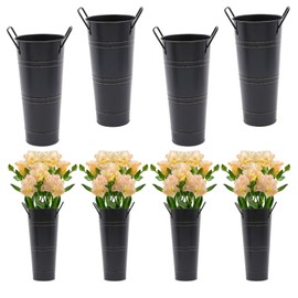 JAYGOVAN 8 Pcs 10 Inch Galvanized Metal Vase with Handles Metal Vase Farmhouse Rustic French Flower Bucket for Flower Bar,Home Decor,Wedding Centerpiece,Unbreakable Tall Vase (Black)