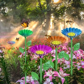 Elefama 4 Pack Bee Watering Station for Garden with Floating Flowers Butterfly Bee Feeder for Outside Outdoors Metal Bee Cups Water Bath Station Stakes Walkways for Bees Garden Thirsty Pollinators