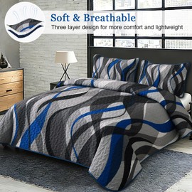 Anibedding Classic Line Quilt Set Queen Size, Grey and Blue Queen Quilt with 2 Pillowshams, Stripe Quilt Bedding Set 3PCs Soft Lightweight Microfiber Bedspread Coverlet Set for All Season, 96"x90"