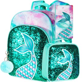 gxtvo 3PCS Mermaid Backpack for Girls, 16" Sequin Prechool Elementary Bookbag and Lunch Box