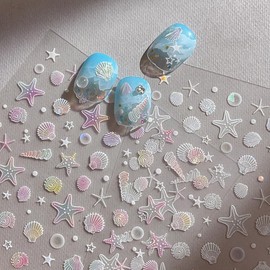 2PCS Summer Nail Art Stickers Decals Seashell Starfish Nail Decals 5D Embossed Ocean Stickers for Nails Cute Ocean Beach Nail Design Starfish Conch Shell Nail Supplies for Women Manicure Decorations