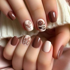 Short Press on Nails Square WLGDLH Brown Red Fake Nails with Rose Flowers Design Florad False Nails Press ons Acrylic Glossy Solid Color Glue on Nails White Stick on Nails for Women 24Pcs