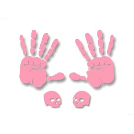 2 Handprint 7" Pink Solid Color Decals with 2 Matching Color 2" Skull Decals Vehicle Hand Print Zen Mystic Vinyl Decal Stickers (2 Pink Hand & 2 Skulls)