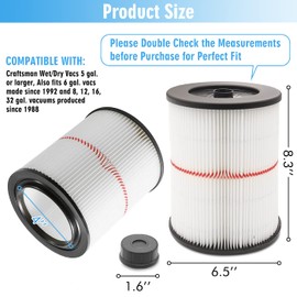 17816 Filter for Craftsman Shop Vac 9-17816 Wet/Dry Vac Filter Replacement Cartridge Filter for Craftsman Vacuum Filter for 5/6/8/12/16/32 Gallon and Larger Vacuum Cleaner 2 Pack