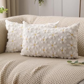 DFXSZ Spring Summer Pillow Covers 12x20 inch Set of 2 Farmhouse Decor Yellow Flower Heart Daisy Soft Plush Faux Fur Jacquard Throw Pillows for Bedroom Sofa Holiday Spring Summer Home Decor PTK024A12
