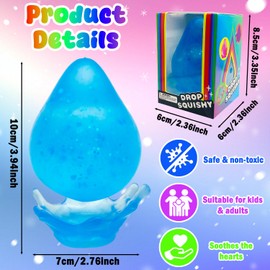 Yeefunjoy Raindrop Stress Balls, Squishy Sensory Fidget Toy Glitter Raindrop Squeeze Balls with Removable Base, Water Drop Slow Rebound Squishy for Kids Adult Stress Relief Party Bag Fillers (Blue)
