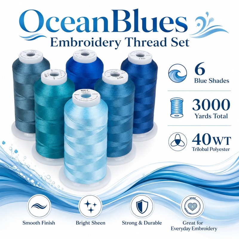 Simthread 6 Spools 3000 Yds 40WT Polyester Embroidery Thread Blue