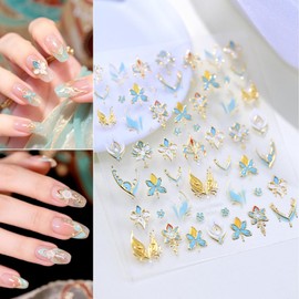 Flower Nail Stickers 5D Embossed Blue Gold Floral Nail Decals 3D Self-Adhesive New Chinese Style Nail Supplies Aurora Lotus Flower Nails Designs for Women Girls DIY Manicure 1 Sheet