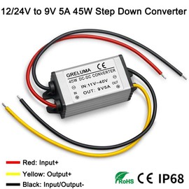 Greluma DC 12 V 24 V to 9 V Step-Down Converter Regulator 5 A 45 W Power Supply Reducer for Car Electronics Truck Vehicle Boat Solar System (DC 11-40 V Inputs, CE Certified)