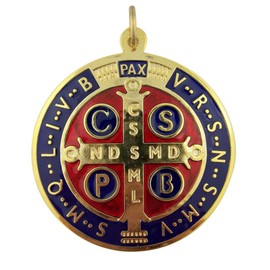 Saint Benedict of Nursia 4 Inch Gold Plate with Red Blue Enamel Protection Medal