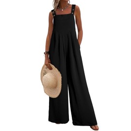 Dokotoo Womens Overalls Black Jumpsuits for Women Casual Loose Fit Solid Color Wide Leg One Piece Sleeveless Jumpsuit Adjustable Straps Long Pant Rompers with Pockets Medium