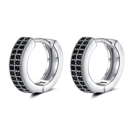 Small Silver Hoop Earrings for Women Men | Sterling Silver Earring Post Double-row Black Cz Cubic Zirconia Pave Hinged Huggie Hoops Cartilage and Helix Earrings, Piercings Jewelry, 8mm