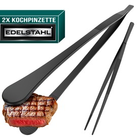 4happy Cooking Tweezers - 2 Pieces Cooking Tweezers Stainless Steel Set, Round Barbecue Tweezers for Cooking and Roasting + Pointed Kitchen Tweezers for Decorating, Tweezers Kitchen 30 cm, Black