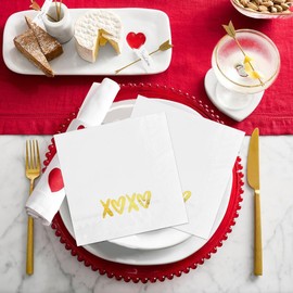 Horaldaily 50 Valentine Disposable Paper Decorative Guest Napkins, XOXO Golden Foil heart Hand Towel for Party Lunch Dinner Kitchen Bathroom