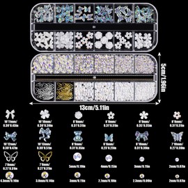 Nail Art Rhinestones and Pearls,2 Boxes Butterfly Bowknot Flower Nail Charms,Aurora Bear 3D Nail Art Decorations for Manicure Design DIY Crafting Party Daily Wedding