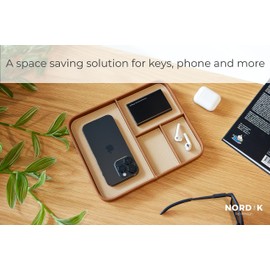 Nordik - Bandeja de piel para silla de montar - café - Bandeja de noche de piel vegano elegante y organizada para hombres - Bandeja EDC Catchall para llaves, reloj, billetera, joyas, moderno carrito de noche