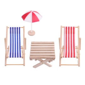Yuanchu Miniature Dollhouse Beach Chair, 4 Pieces 1:12 Beach Decoration Outdoor Accessories Mini Dolls Twin Deck Chairs Umbrella Table for DIY Garden Zen Sea Beach Furniture Decor Gift