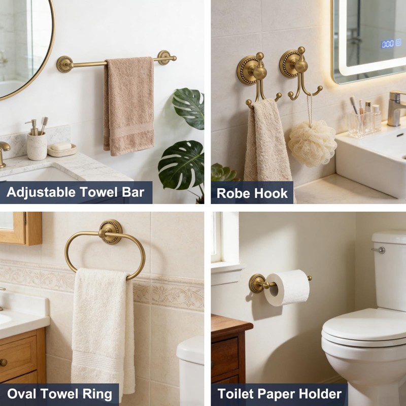Antique Brass 4-Piece Bathroom Hardware Set Adjustable Towel Bar 13-24"
