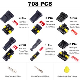 Flytuo 708PCS Automotive Waterproof Car Electrical Wire Connectors Plug Kit, 1/2/3/4/5/6 Male and Female Pin Connectors for Motorcycle, Truck, Car, Boats, Scooter